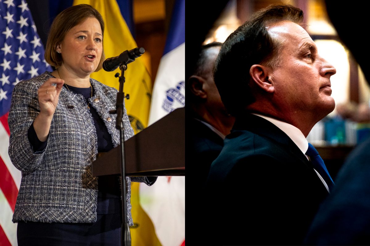 (Left) Iowa Attorney General Brenna Bird speaks during a Moms for Liberty Rally at the Iowa State Capitol in Des Moines on Wednesday, Jan. 10, 2024. (Right) Secretary of State Paul Pate listens during the Condition of the State address at the Iowa State Capitol on Tuesday, Jan. 14, 2020.