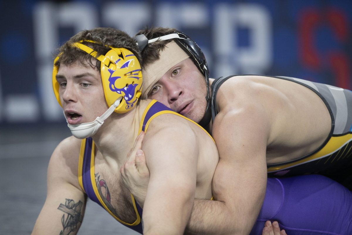 Iowa 149-pound Miguel Estrada wrestles Northern Iowa Connor Thorpe during session one of Soldier Salute at Xtream Arena in Coralville on Sunday, Dec. 29, 2024. The tournament hosted men’s and women’s matches from top-ranked schools.