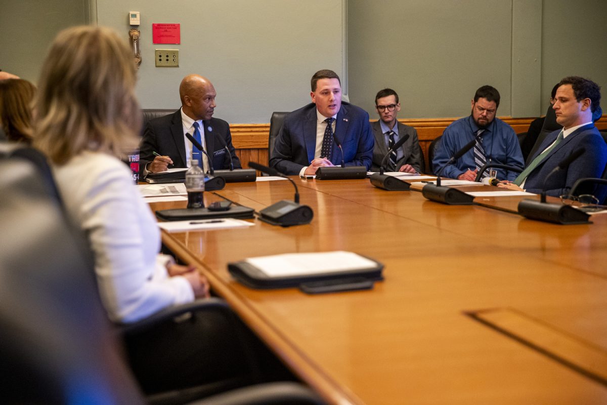 Chair of the Iowa Higher Education Committee Taylor R. Collins speaks during the second day of the 2025 Iowa legislative session at the Iowa State Capitol in Des Moines on Tuesday, Jan. 14, 2025. Collins has been serving as an Iowa State Representative since 2023.