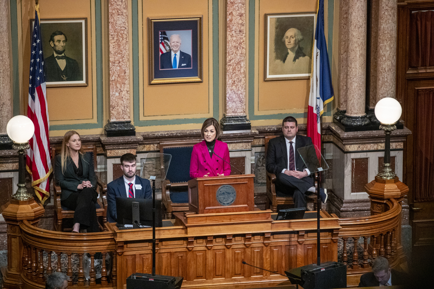 Iowa Gov. Kim Reynolds speaks during the Condition of the State address at the Iowa State Capitol in Des Moines on Tuesday, Jan. 14, 2025. Reynolds highlighted education, childcare improvements, and government efficiency as some of her top priorities for the 2025 legislative session.