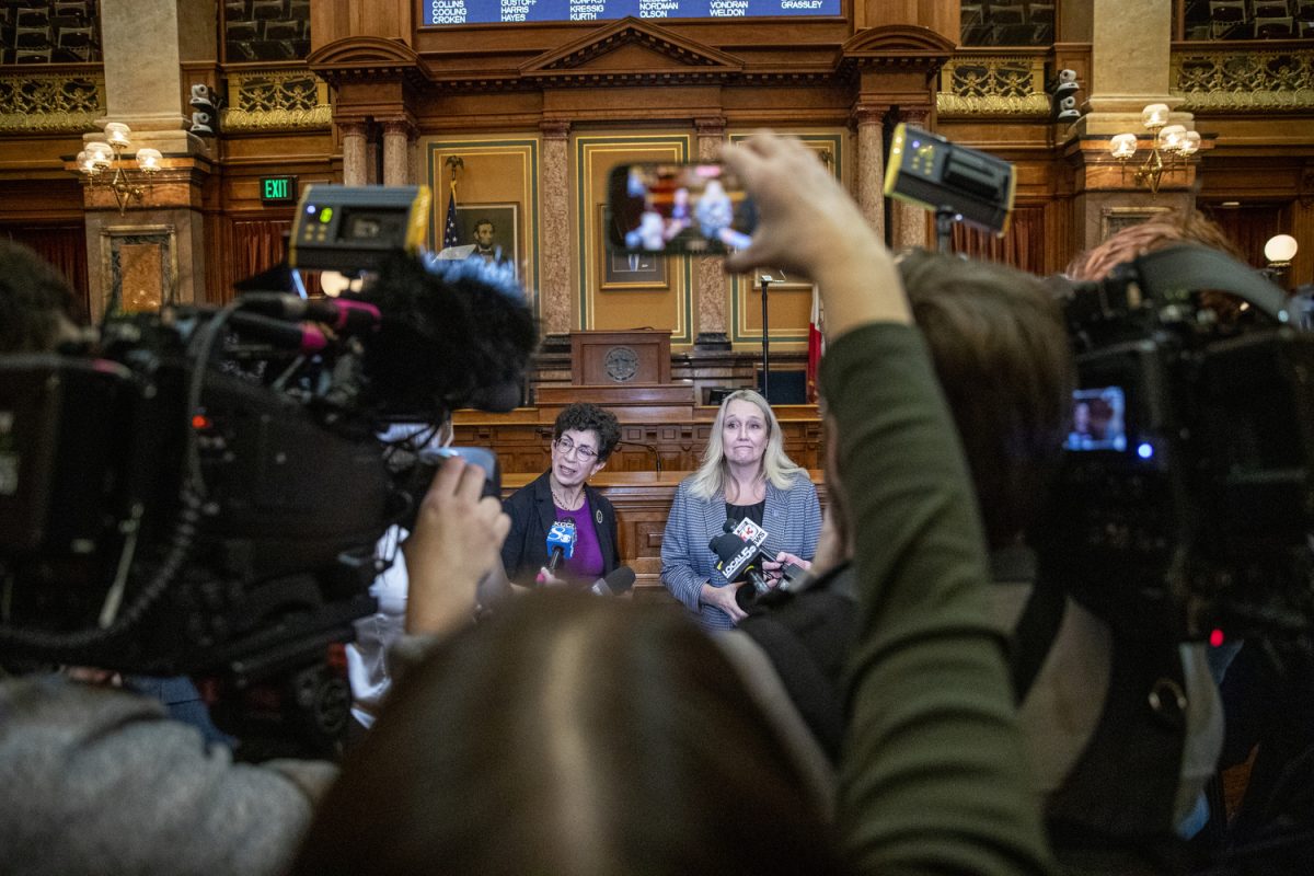 Minority leaders Janice Weiner (left) and Jenniffer Konfrst (right) answer questions following the Condition of the State address at the Iowa State Capitol in Des Moines on Tuesday, Jan. 14, 2025.