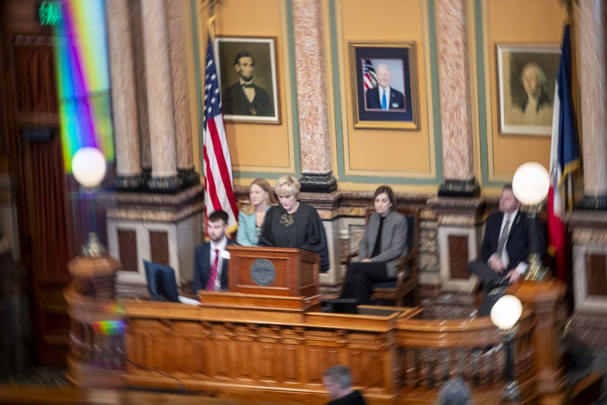 Iowa Supreme Court Chief Justice Susan Christensen speaks during the State of the Judiciary address at the Iowa State Capitol in Des Moines on Wednesday, Jan. 15, 2025. Christensen discussed the prioritization of contract attorneys, modernization of the magistrate system, and attention to the juvenile court system. This was Christensen's fifth delivery of the State of the Judiciary. 