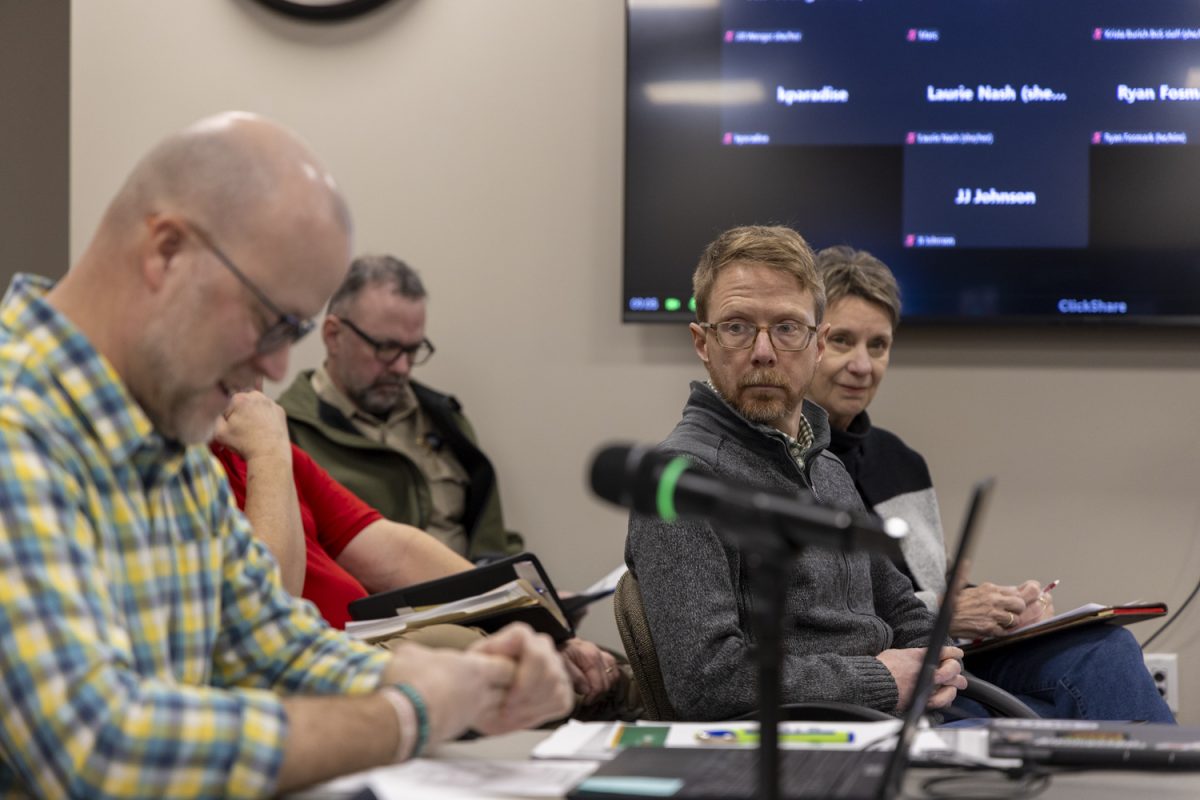 Sheriff Brad Kunkel and Axiom Consultant's President Rob Decker talk to the board of supervisors about the declining building quality of the jail and Sheriff’s office during the Johnson County work session in Iowa City on Wednesday, Jan. 22, 2025. 