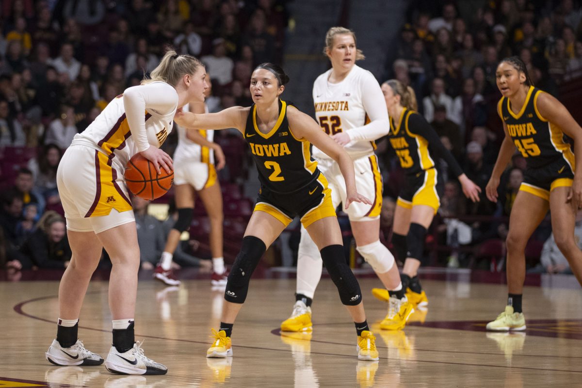 Taylor McCabe guards during a women's basketball game between Iowa and Minnesota at Williams Arena in Minneapolis, Minnesota, on Feb. 6, 2025. The Iowa Hawkeyes defeated the Minnesota Golden Gophers 68-60.