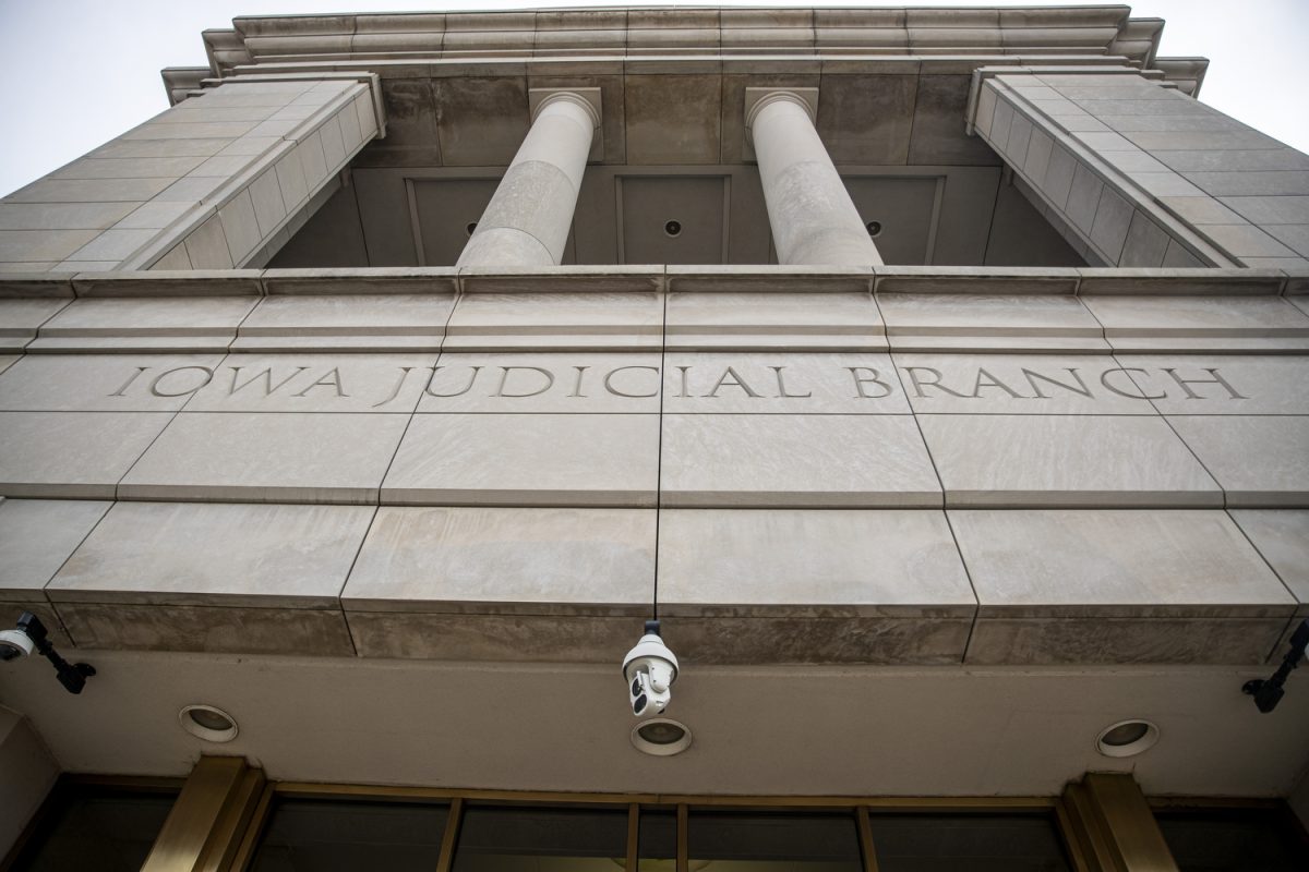 The Iowa Judicial Branch courthouse is seen before
a session in Des Moines on Feb. 11. The oral arguments
for Bert Miller and Nancy Duffner vs. State of Iowa were
held later Tuesday evening