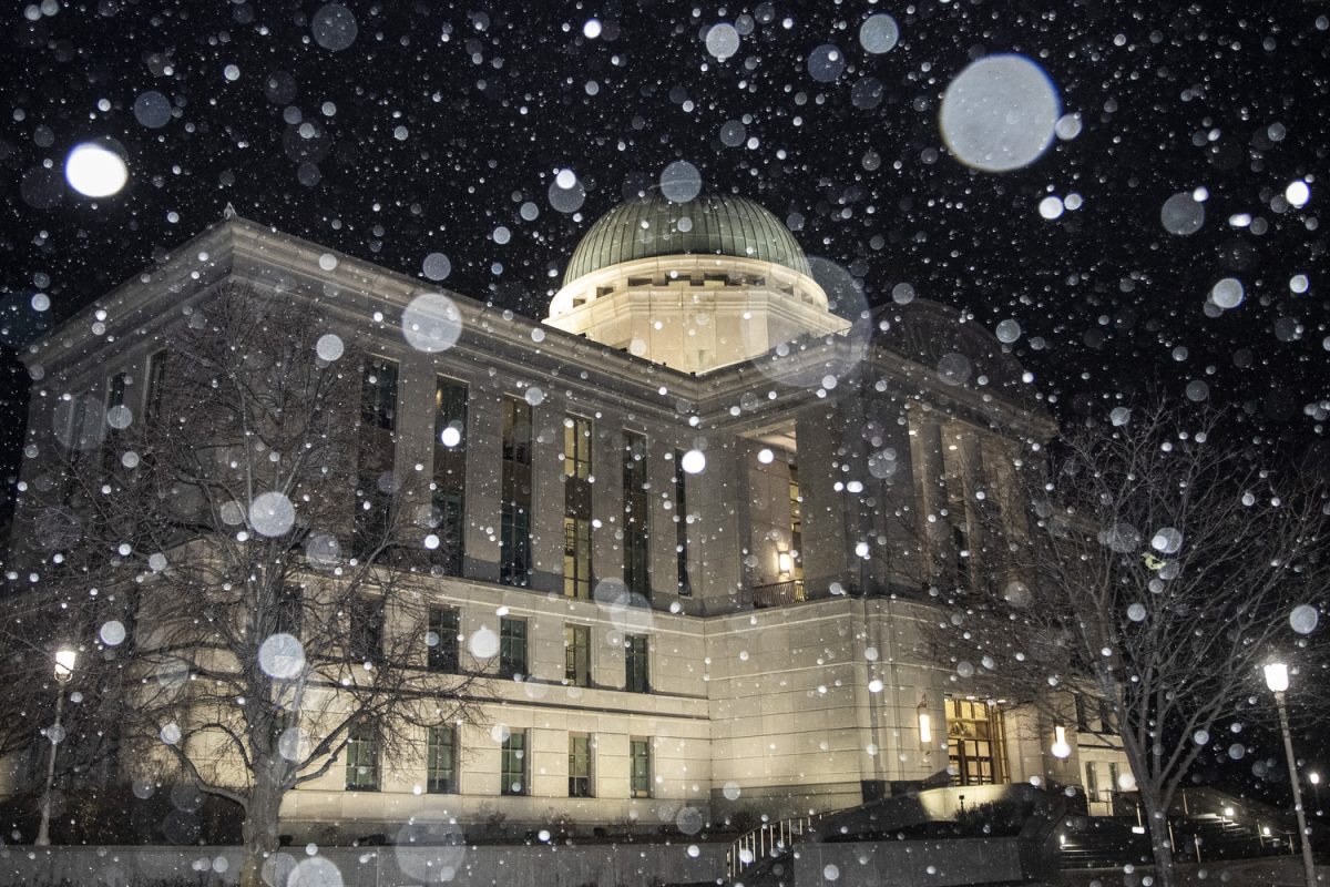 The Iowa Judicial Branch courthouse is seen following a session in Des Moines on Feb. 11. The oral arguments for Bert Miller and Nancy Duffner vs. State of Iowa were held at 7:00 p.m.