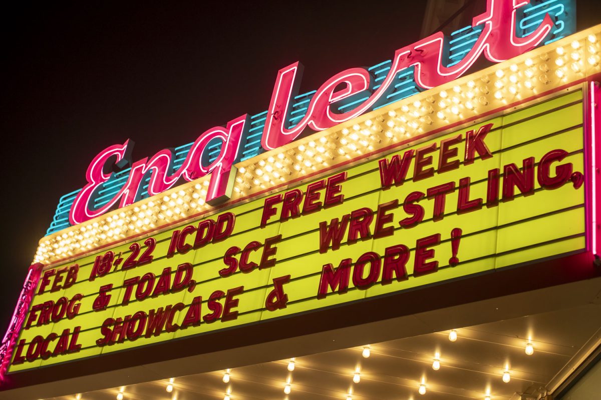The marquee for the X Marks the Arts Free Week of events is hung up on the Englert Theater in Iowa City on Friday, Feb. 13, 2025.