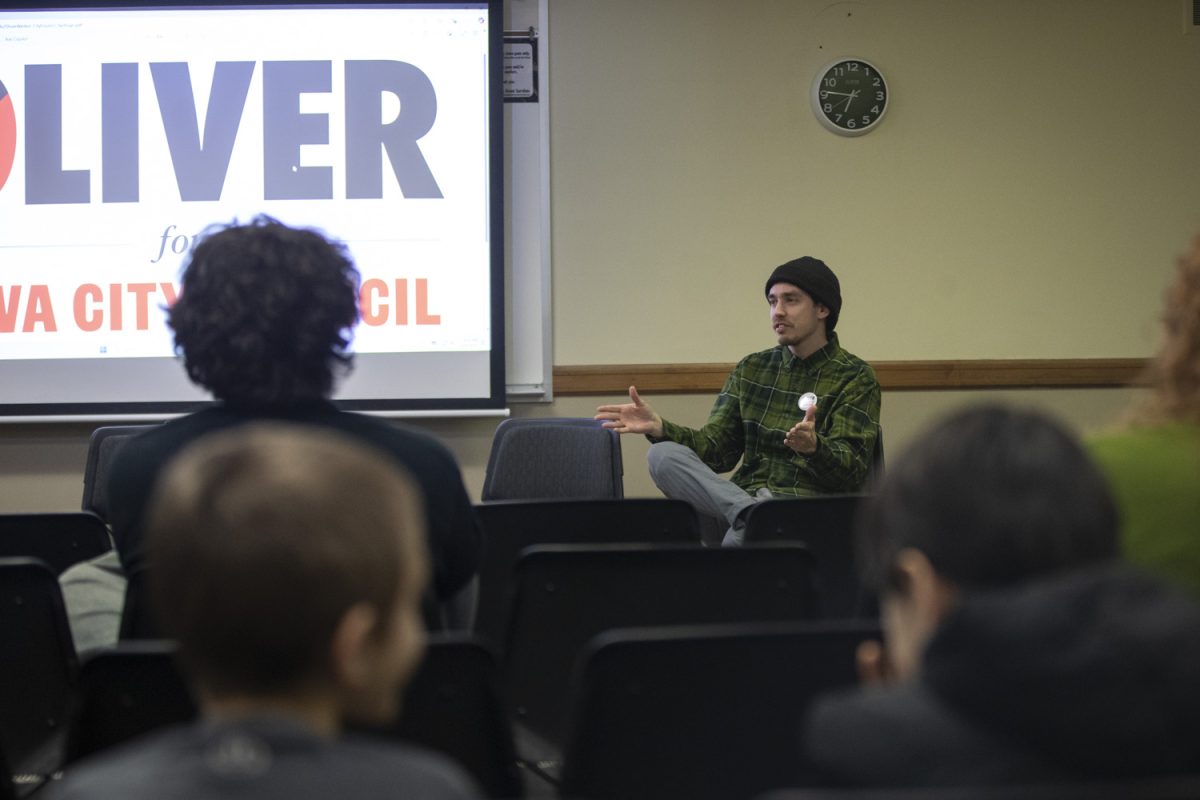 Oliver Weilein speaks to the Young Democratic Socialists of America at the Iowa Memorial Union on Thursday, Feb 20, 2025. The YDSA invited him to a Q&A to talk about his campaign for Iowa City Council, where he is running against Ross Nusser in a March 4 election.