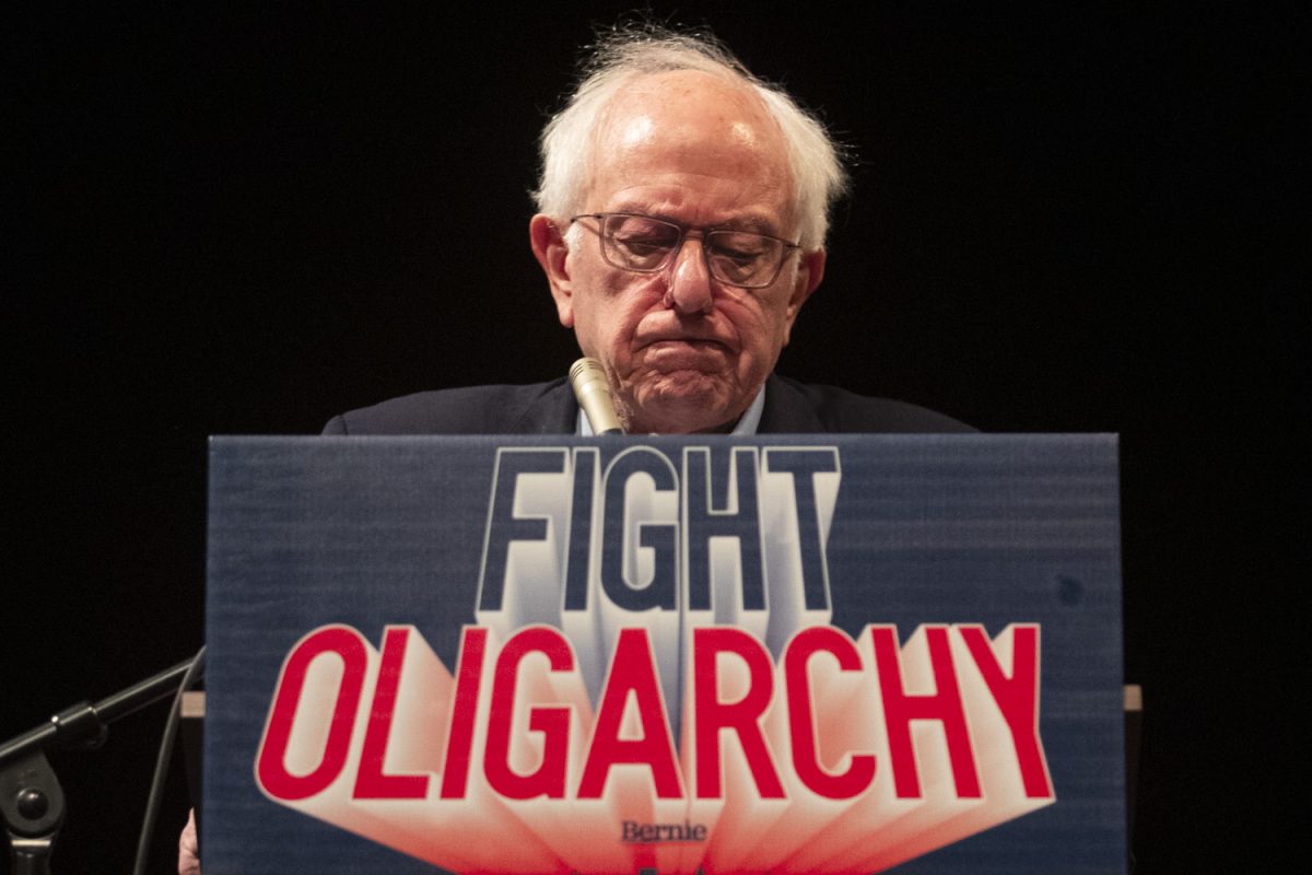 Bernie Sanders speaks at an overflow event after Fighting Oligarchy: Where We Go From Here with Bernie Sanders in Iowa City on Saturday, Feb. 22, 2025.