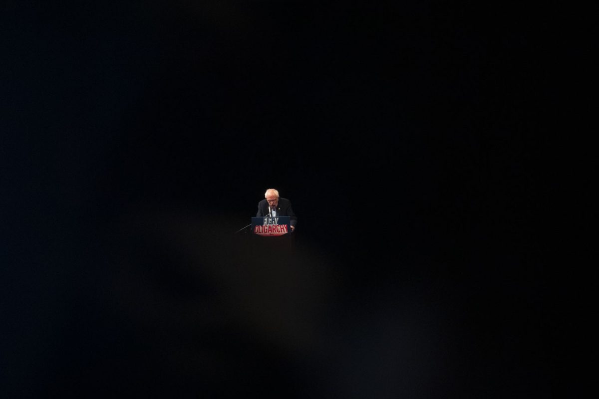 Bernie Sanders speaks during Fighting Oligarchy: Where We Go From Here with Bernie Sanders at The Englert Theatre in Iowa City on Saturday, Feb. 22, 2025.