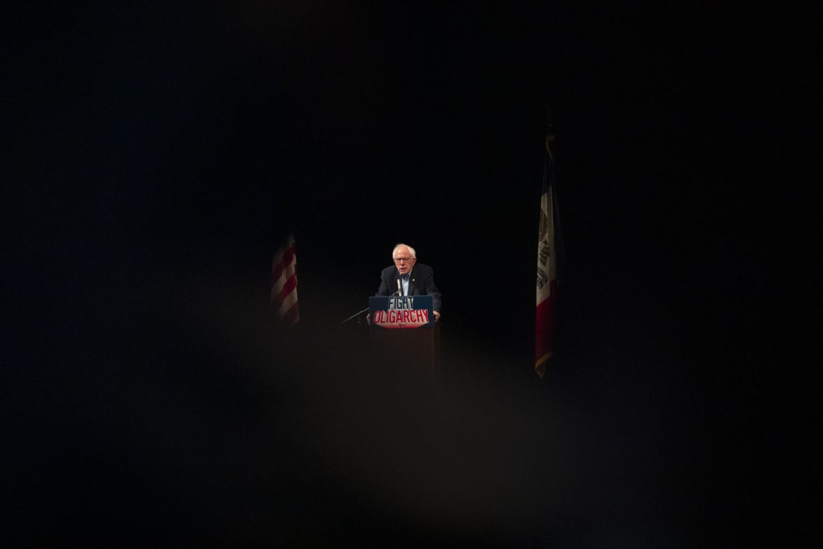 Bernie Sanders speaks during Fighting Oligarchy: Where We Go From Here with Bernie Sanders at The Englert Theatre in Iowa City on Saturday, Feb. 22, 2025.