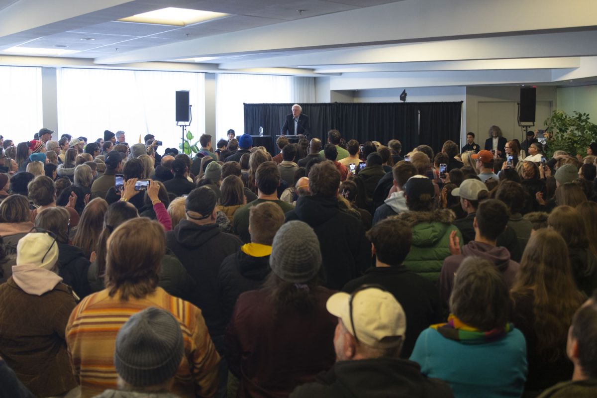 Bernie Sanders speaks at an overflow event after Fighting Oligarchy: Where We Go From Here with Bernie Sanders in Iowa City on Saturday, Feb. 22, 2025.