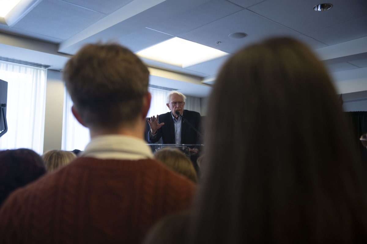 Bernie Sanders speaks at an overflow event after Fighting Oligarchy: Where We Go From Here with Bernie Sanders in Iowa City on Saturday, Feb. 22, 2025.
