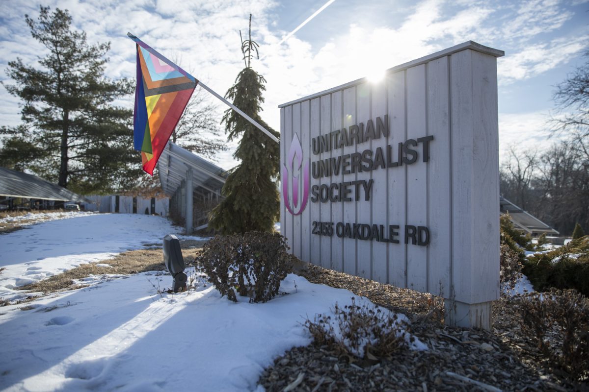 The Unitarian Universalist Society building front is seen in Coralville on Sunday, Feb. 23, 2025. The Johnson County United Nations Association will host an International Women's Day Dinner at the UUS building on March 6.