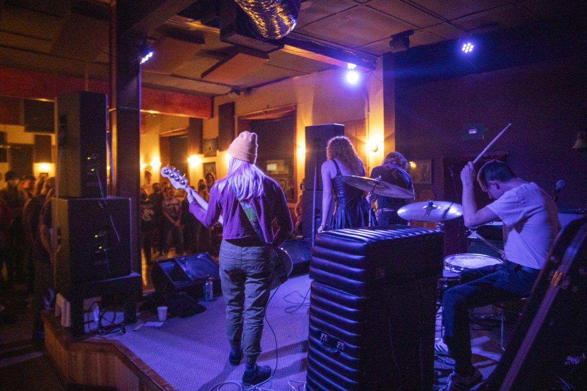 Bootcamp performs the song “Asylum” during a Get Out The Vote show for Oliver Weilein’s City Council campaign at Trumpet Blossom on Thursday, Feb. 27, 2025. Multiple artists performed screams, poetry, and folk songs, including Weilein’s band Bootcamp.