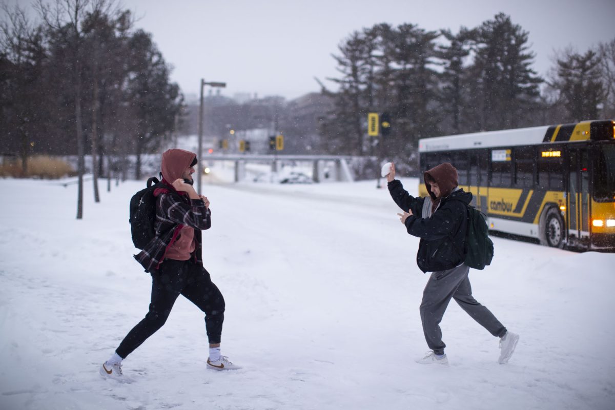 Nicky LoSasso and Zach Catania have a snowball fight during a snowstorm on the UI campus in Iowa City on Wednesday, Feb. 12, 2025. Multiple professors cancelled class after Iowa City reported an expected 6-9 inches of snow.