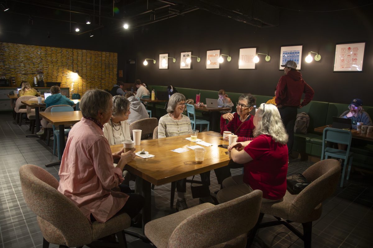 Members of the Johnson County League of Women’s Voters at Poindexter Coffee in Iowa City on Oct. 9, 2024. The women meet for monthly coffee to discuss happenings in the league.