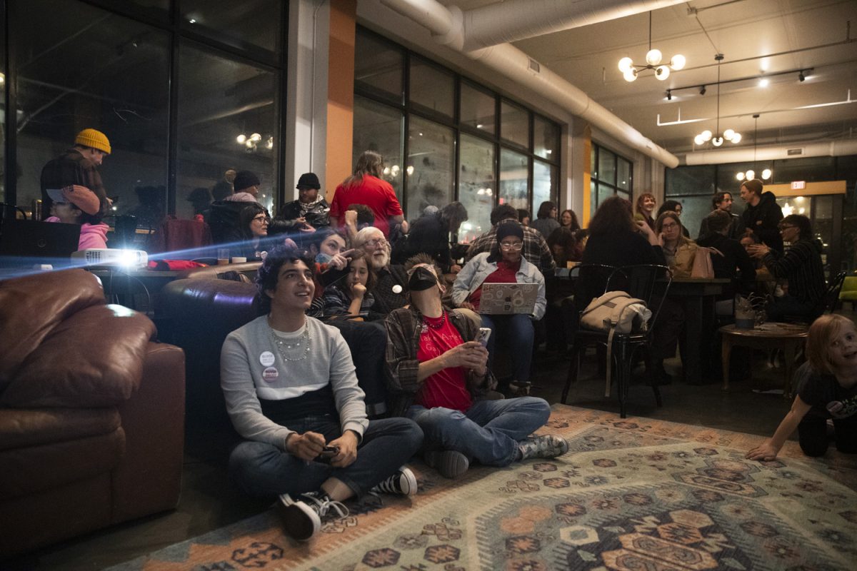 Oliver Weilein supporters wait for the final election results during the Oliver Weilein watch party for the Iowa City City Council special election for the District C seat at Kindred Coffee in Iowa City on Tuesday, March 4, 2025. Weilein won the March 4 special election with 4,141 votes, totaling just over 60 percent.