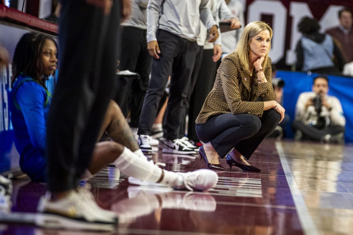 Oklahoma head coach Jennie Baranczyk observes during a NCAA Tournament First Round game between the No. 3 Oklahoma Sooners and the No. 14 Florida Gulf Coast Eagles at Lloyd Noble Center in Norman, Okla., on Saturday, March 22, 2025. The Sooners defeated the Eagles 81-58. 