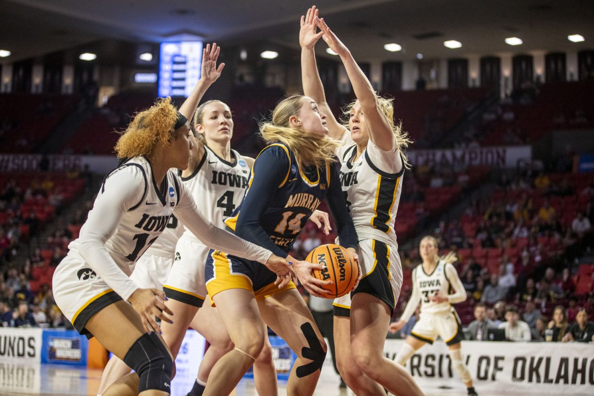 Murray State forward Ava Learn prepares to go up for a shot during a NCAA Tournament First Round game between the No. 6 Iowa Hawkeyes and the No. 11 Murray State Racers at Lloyd Noble Center in Norman, Okla., on Saturday, March 22, 2025. 