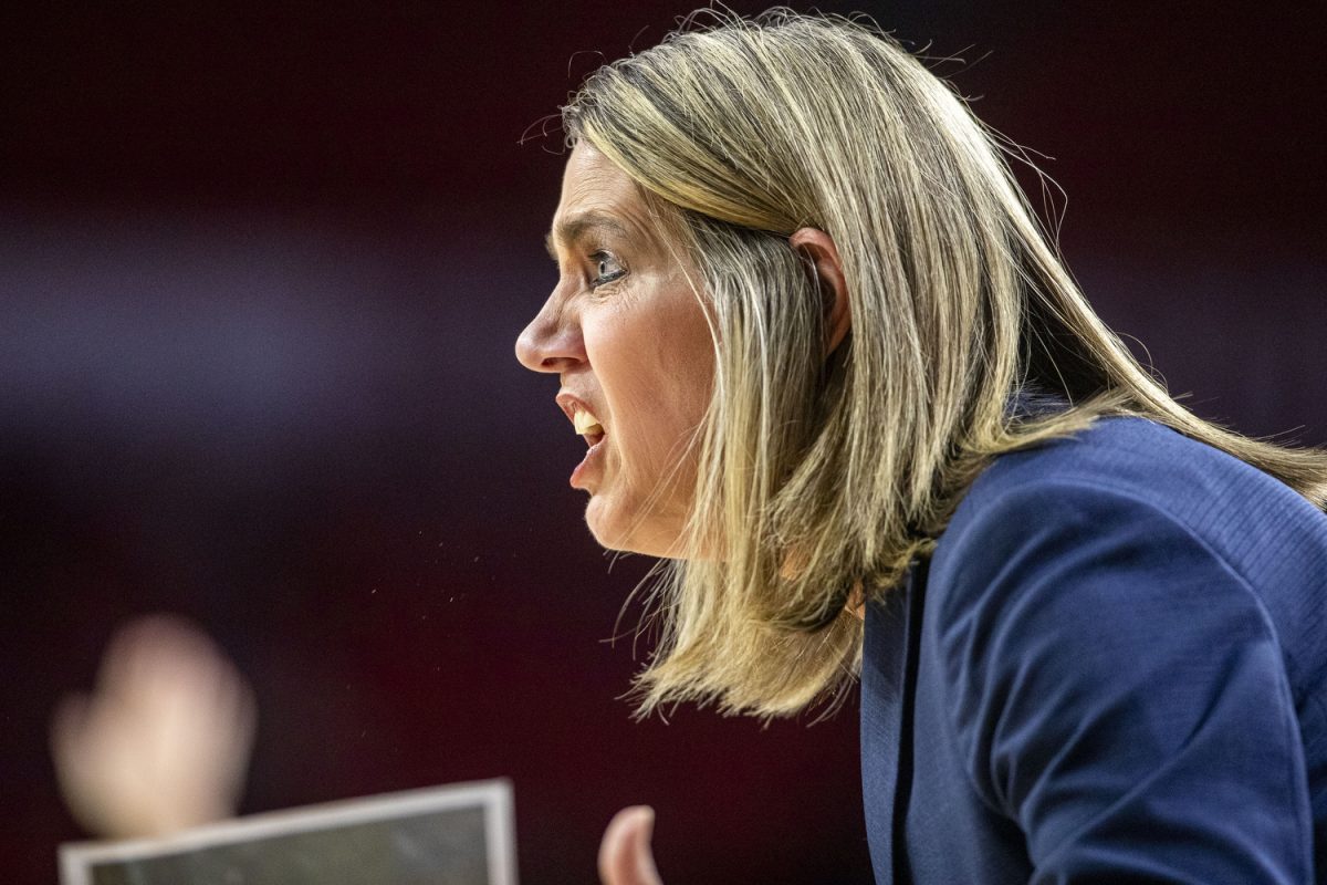 Murray State head coach Rechelle Turner yells during a NCAA Tournament First Round game between the No. 6 Iowa Hawkeyes and the No. 11 Murray State Racers at Lloyd Noble Center in Norman, Okla., on Saturday, March 22, 2025. 