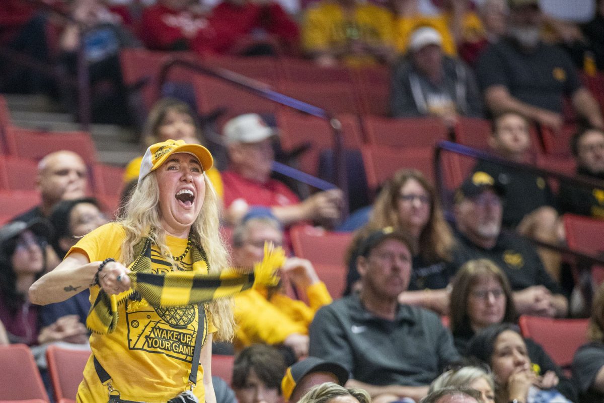 A fan yells during a NCAA Tournament First Round game between the No. 6 Iowa Hawkeyes and the No. 11 Murray State Racers at Lloyd Noble Center in Norman, Okla., on Saturday, March 22, 2025. 