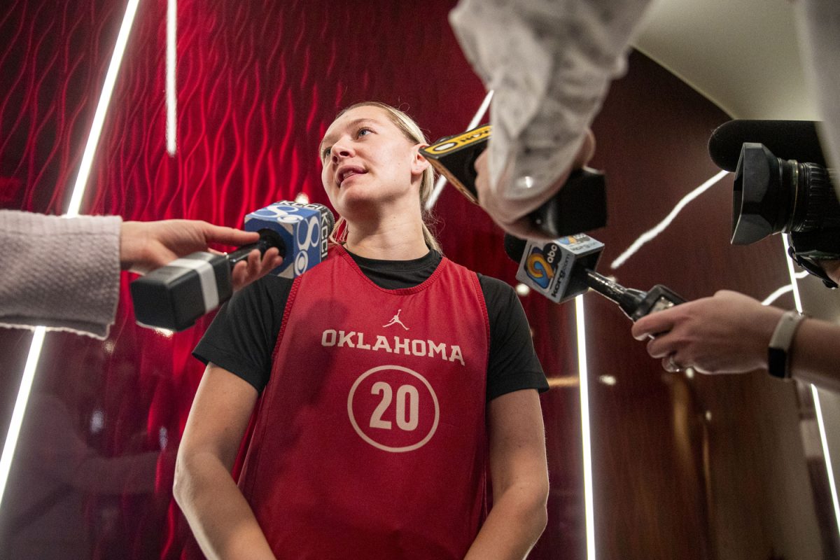 Oklahoma guard Aubrey Joens answers questions during a day of press conferences and interviews ahead of the NCAA Tournament Second Round game between the No. 6 Iowa Hawkeyes and the No. 3 Oklahoma Sooners at Lloyd Noble Center in Norman, Okla., on Sunday, March 23, 2025. Tipoff is set for 3:00 p.m. CT.