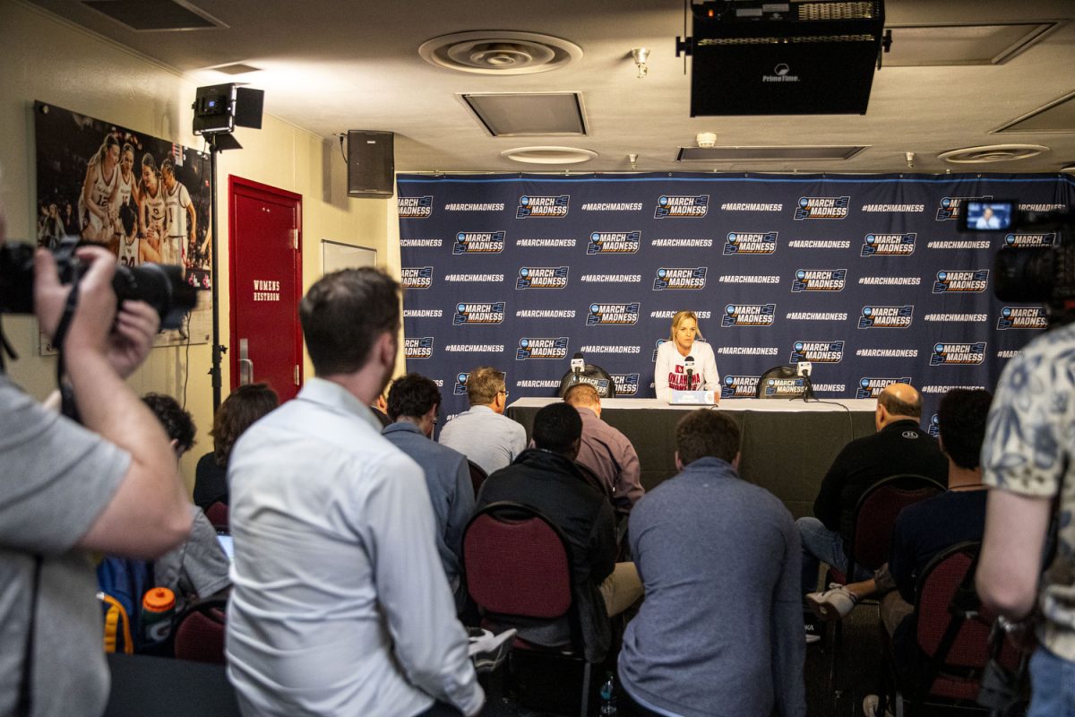 Oklahoma head coach Jennie Baranczyk answers questions during a day of press conferences and interviews ahead of the NCAA Tournament Second Round game between the No. 6 Iowa Hawkeyes and the No. 3 Oklahoma Sooners at Lloyd Noble Center in Norman, Okla., on Sunday, March 23, 2025. Tipoff is set for 3:00 p.m. CT.