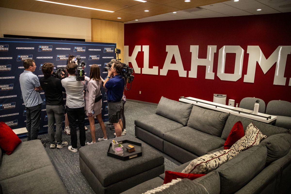 Oklahoma center Raegan Beers answers questions during a day of press conferences and interviews ahead of the NCAA Tournament Second Round game between the No. 6 Iowa Hawkeyes and the No. 3 Oklahoma Sooners at Lloyd Noble Center in Norman, Okla., on Sunday, March 23, 2025. Tipoff is set for 3:00 p.m. CT.