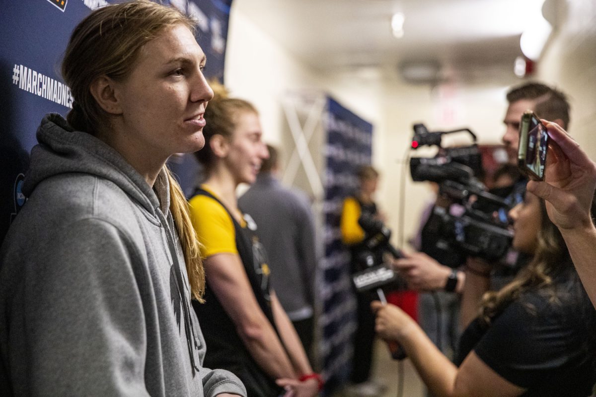 Iowa guard Sydney Affolter answers questions during a day of press conferences and interviews ahead of the NCAA Tournament Second Round game between the No. 6 Iowa Hawkeyes and the No. 3 Oklahoma Sooners at Lloyd Noble Center in Norman, Okla., on Sunday, March 23, 2025. Tipoff is set for 3:00 p.m. CT.