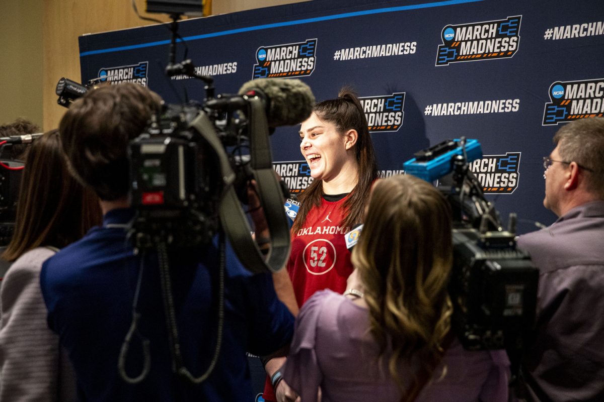 Oklahoma center Raegan Beers answers questions during a day of press conferences and interviews ahead of the NCAA Tournament Second Round game between the No. 6 Iowa Hawkeyes and the No. 3 Oklahoma Sooners at Lloyd Noble Center in Norman, Okla., on Sunday, March 23, 2025. Tipoff is set for 3:00 p.m. CT.