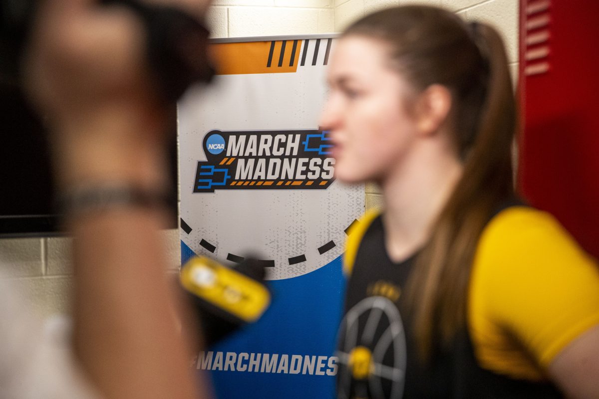 Iowa guard Taylor Stremlow answers questions during a day of press conferences and interviews ahead of the NCAA Tournament Second Round game between the No. 6 Iowa Hawkeyes and the No. 3 Oklahoma Sooners at Lloyd Noble Center in Norman, Okla., on Sunday, March 23, 2025. Tipoff is set for 3:00 p.m. CT.