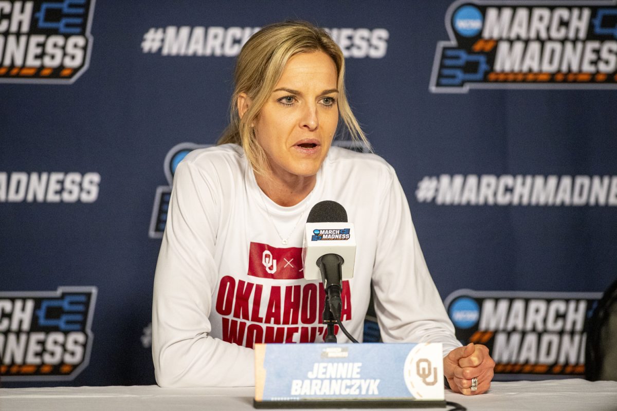 Oklahoma head coach Jennie Baranczyk answers questions during a day of press conferences and interviews ahead of the NCAA Tournament Second Round game between the No. 6 Iowa Hawkeyes and the No. 3 Oklahoma Sooners at Lloyd Noble Center in Norman, Okla., on Sunday, March 23, 2025. Tipoff is set for 3:00 p.m. CT. 