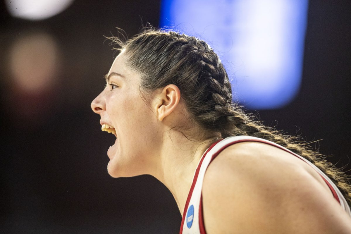 Oklahoma center Raegan Beers yells during a NCAA Tournament Second Round game between the No. 6 Iowa Hawkeyes and the No. 3 Oklahoma Sooners at Lloyd Noble Center in Norman, Okla., on Monday, March 24, 2025. 