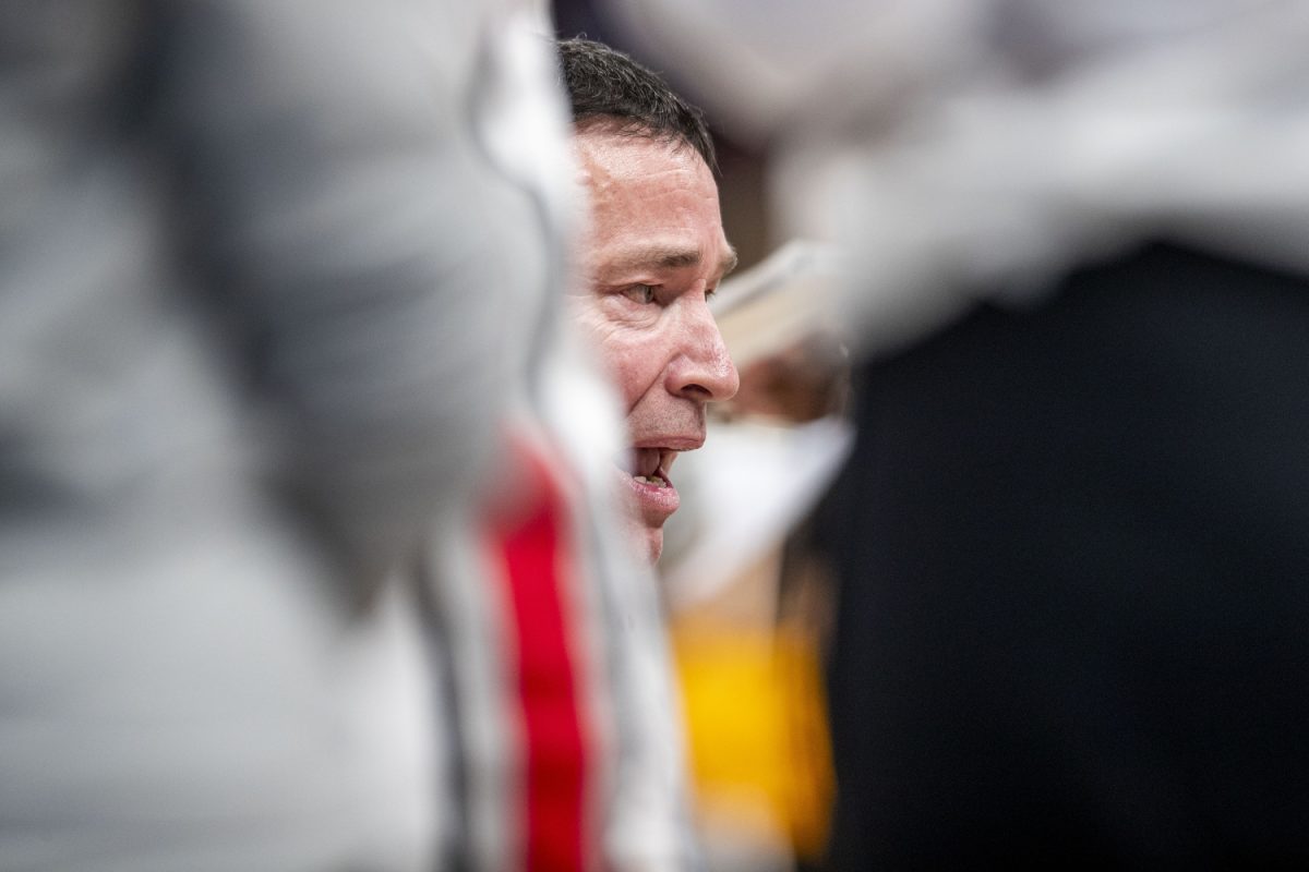 Ohio State head coach Kevin McGuff speaks during a basketball game between No. 11 Iowa and No. 3 Ohio State at the TIAA Big Ten Women’s Basketball Tournament at Gainbridge Fieldhouse in Indianapolis, Ind. on Friday, March 7, 2025. 