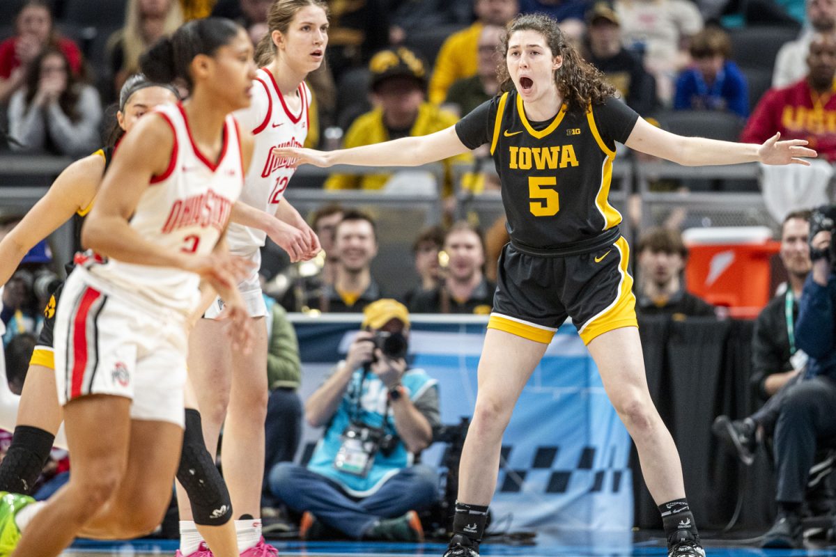 Iowa center Ava Heiden yells to teammates during a basketball game between No. 11 Iowa and No. 3 Ohio State at the TIAA Big Ten Women’s Basketball Tournament at Gainbridge Fieldhouse in Indianapolis, Ind. on Friday, March 7, 2025. 