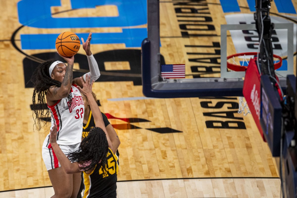 Ohio State forward Cotie McMahon goes up for a shot during a basketball game between No. 11 Iowa and No. 3 Ohio State at the TIAA Big Ten Women’s Basketball Tournament at Gainbridge Fieldhouse in Indianapolis, Ind. on Friday, March 7, 2025. 