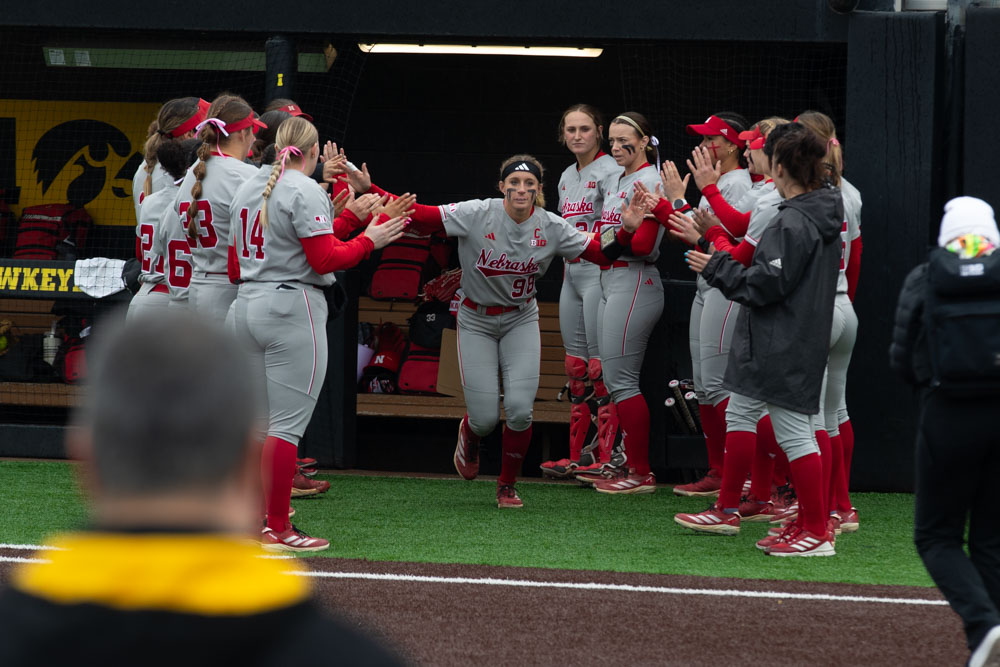 Nebraska pitcher Jordyn Bahl running out of the dugout during a women’s softball game between Iowa and Nebraska at Bob Pearl Softball Field in Iowa City on April 4, 2025. The Cornhuskers defeated the Hawkeyes, 12-0.