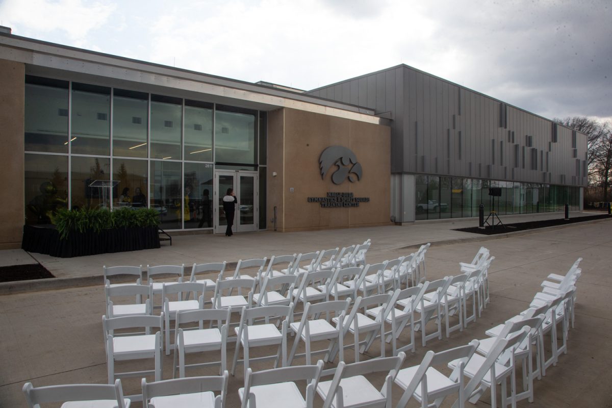 The building front is seen after the grand opening ceremony of the Nagle-Duda Gymnastic & Spirit Squads Training Center in Iowa City on Thursday, April 10, 2025. The facility was finished in 2024 and sits across the street from the women’s soccer facility on Prairie Meadow Drive.