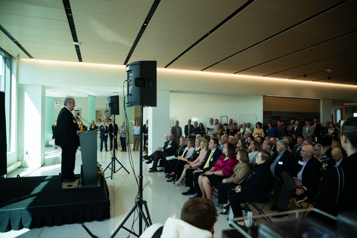 CEO and associate vice president of UI Health Care Bradley Haws speaks during a ribbon cutting event for the University of Iowa Health Care North Liberty Campus inside the entrance lobby of the hospital on Friday, April 11, 2025. The North Liberty Hospital is set to open for patient care on Monday, April 28, 2025.
