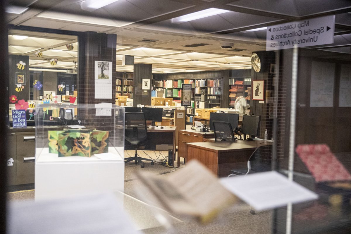 Texts and documents in the special collections archive are seen in the University of Iowa Main Library in Iowa City on Monday, April 14, 2025. A pipe burst in an office of the library, effectively leaking water across multiple floors. Damage is uncertain and expected to be minimal, but many documents were moved or set out to dry throughout the day and into Tuesday morning. Cleaning is ongoing, and the Reading Room will reopen on Monday. 