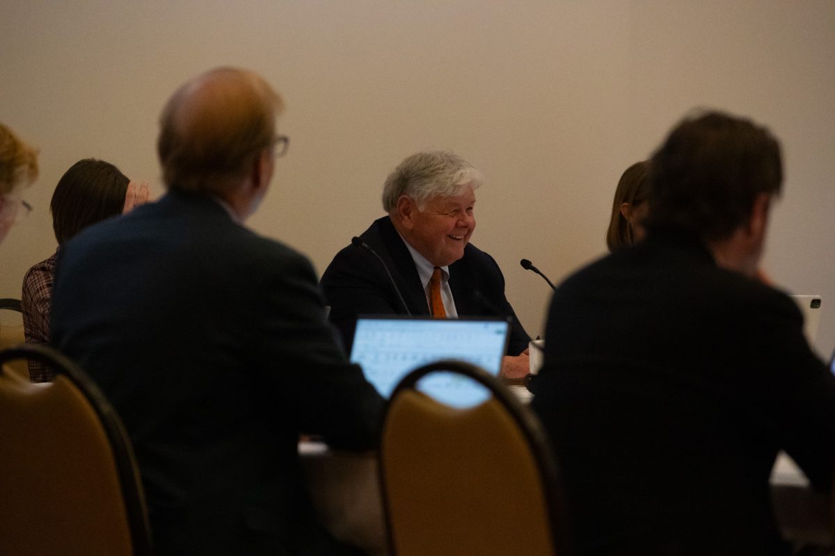 Regent Jim Lindenmayer laughs during a board meeting in Ames, Iowa on April 23, 2025.