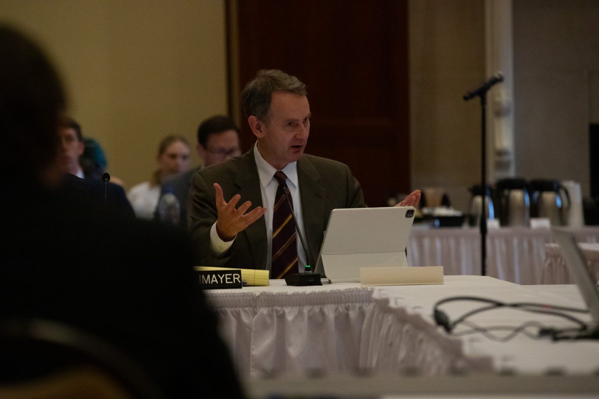 Regent David Barker speaks during a board meeting in Ames, Iowa on April 23, 2025.