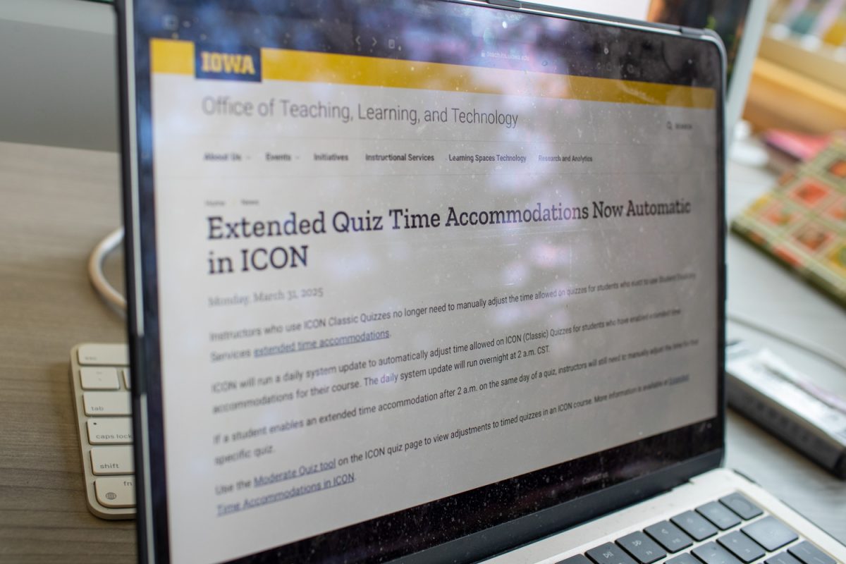 The Office of Teaching, Learning and Technology’s announcement about ICON is seen on a computer screen on Sunday, April 27, 2025. ICON’s new automatic accommodations allow quiz times to be extended without instructors having to adjust the time manually.
