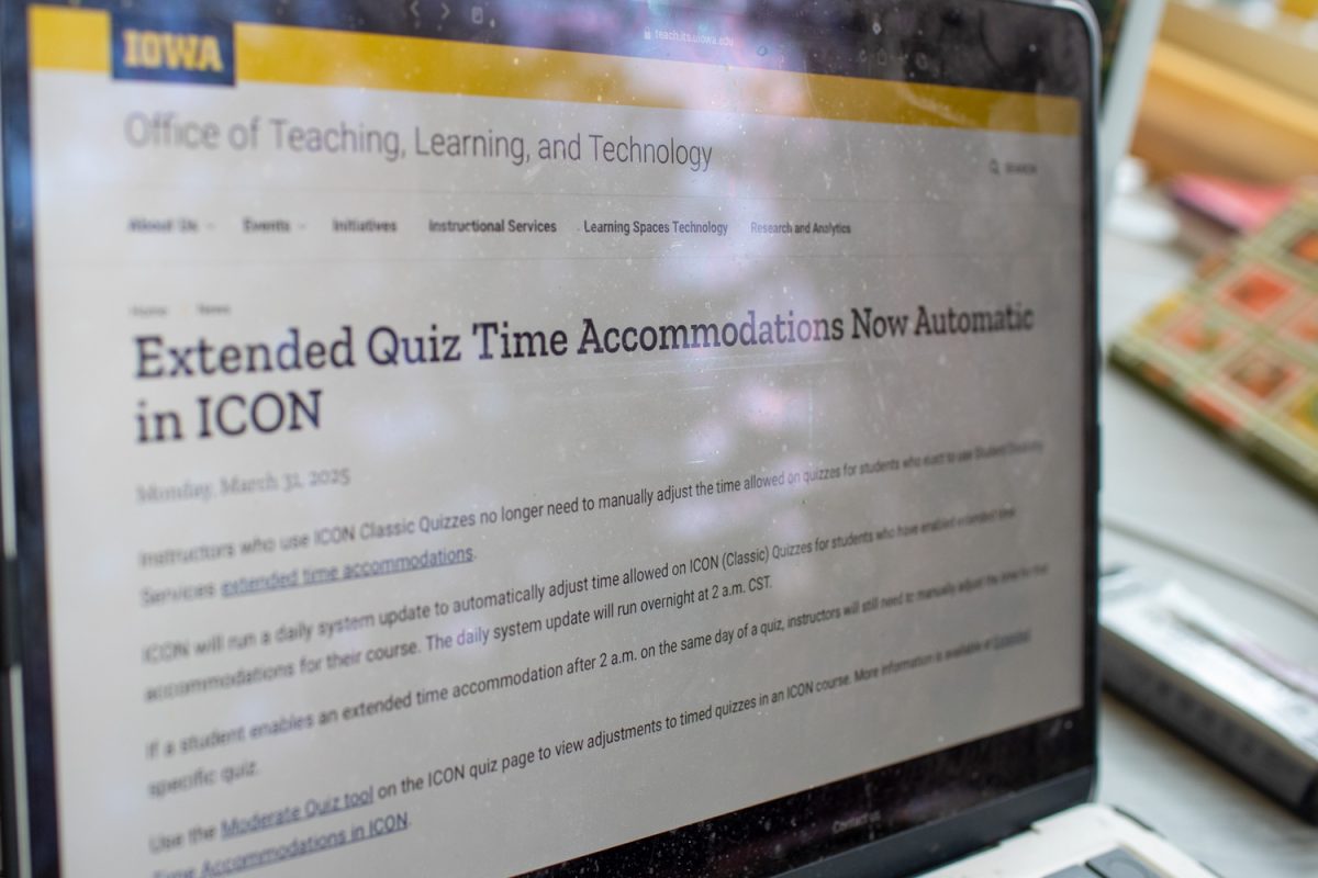 The Office of Teaching, Learning and Technology’s announcement about ICON is seen on a computer screen on Sunday, April 27, 2025. ICON’s new automatic accommodations allow quiz times to be extended without instructors having to adjust the time manually.