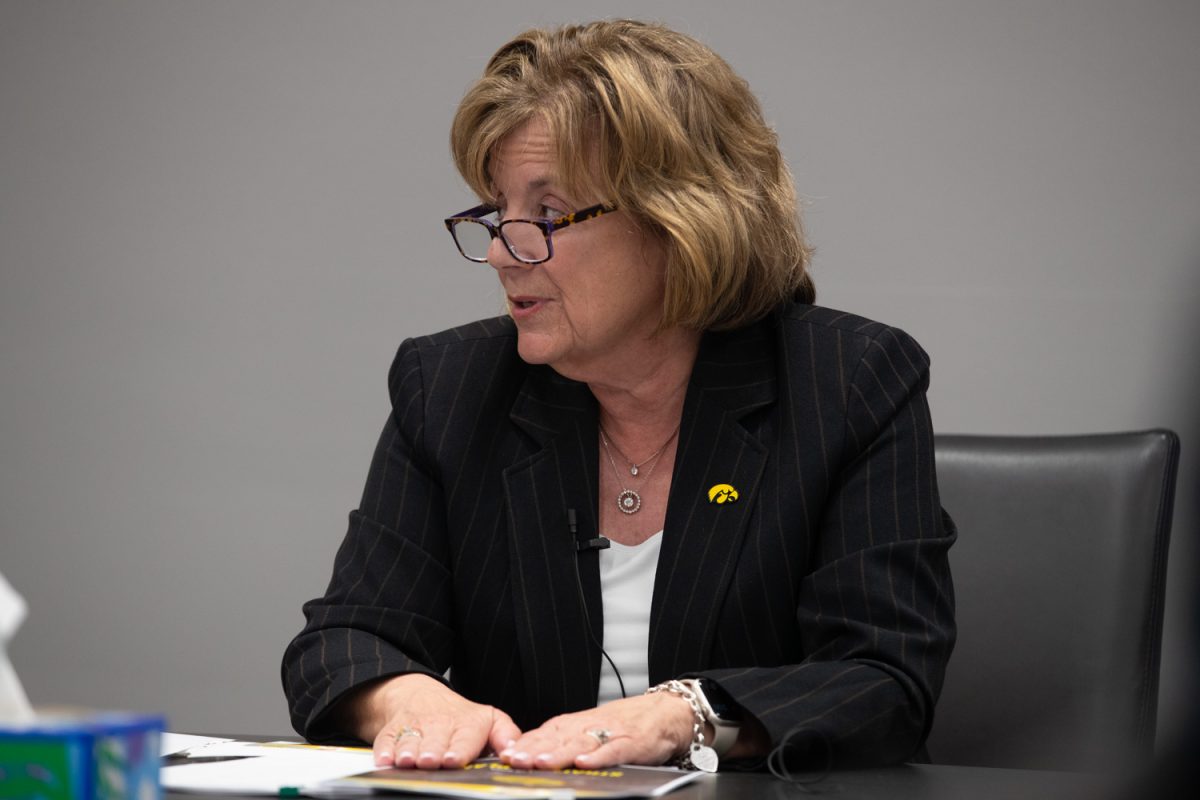 Barbara Wilson talks during an interview with the University of Iowa President on May 2, 2025.