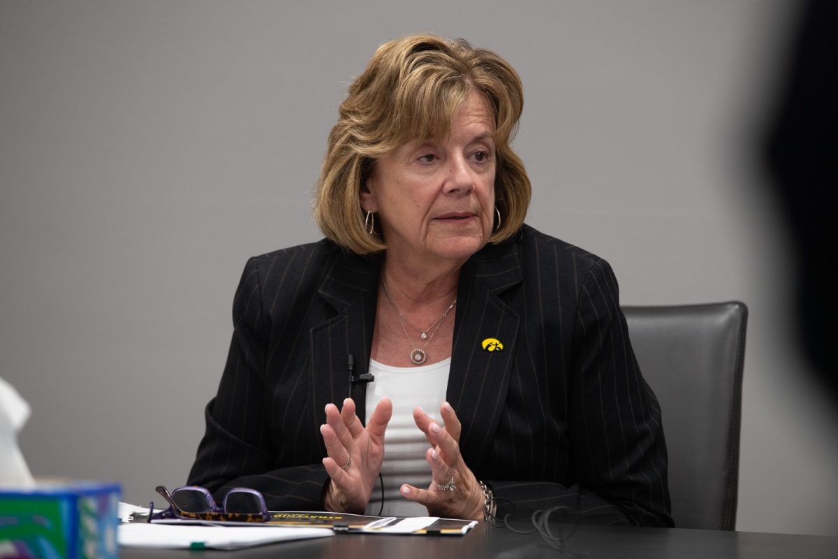 University of Iowa President Barbara Wilson speaks with reporters during an interview on Friday, May 2, 2025.