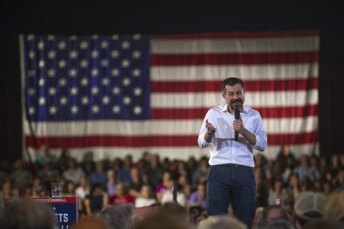 Pete Buttigieg in front of an American flag speaking to a crowd of over 1,800 people, for the first time since President Trump was elected. This was held at the Veteran Memorial Building in Cedar Rapids on Tuesday May 13, 2025.