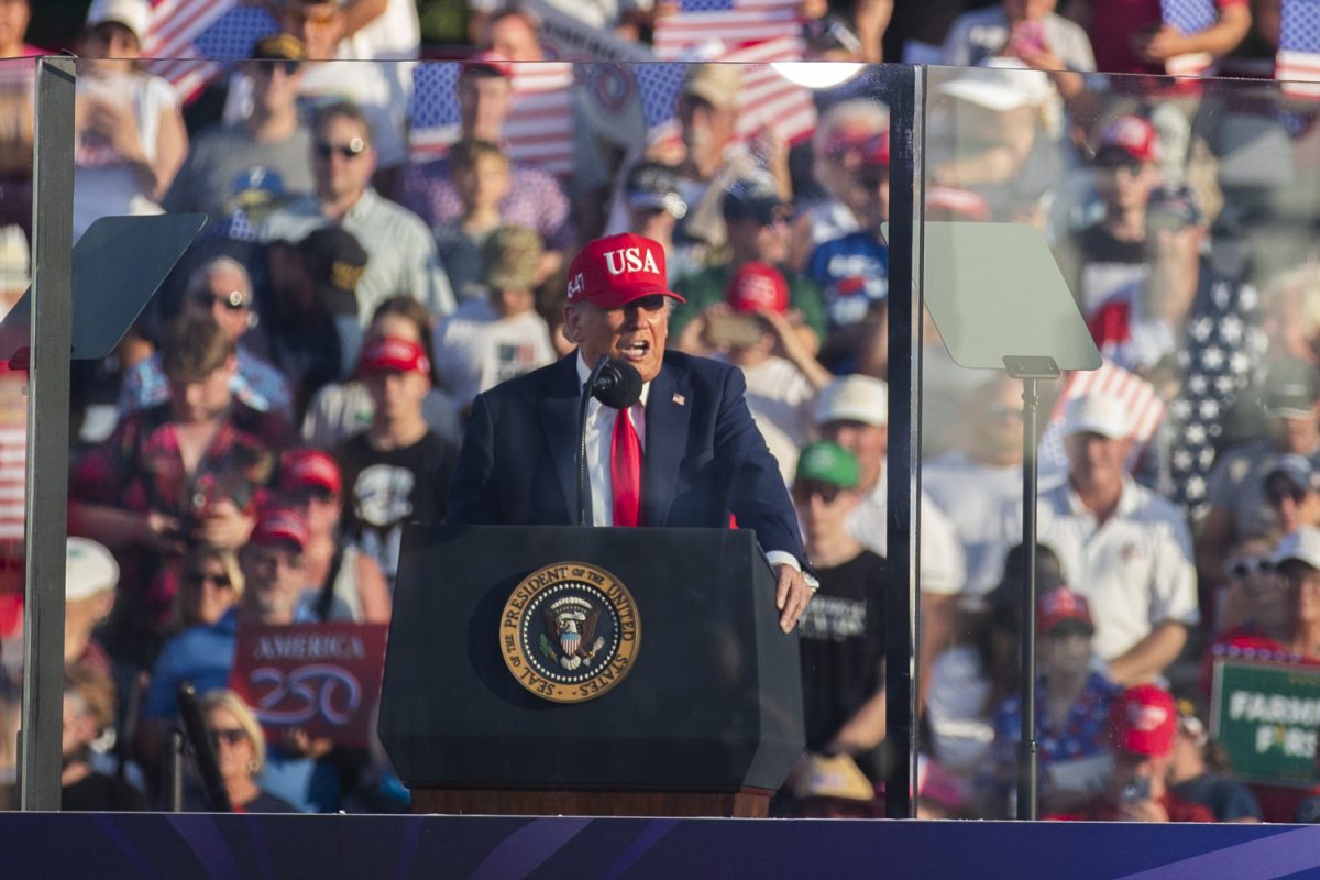 President Donald Trump speaks to his supporters during the America250 kick-off celebration at the Iowa State Fairgrounds in Des Moines, Iowa, on Thursday, July 3, 2025.