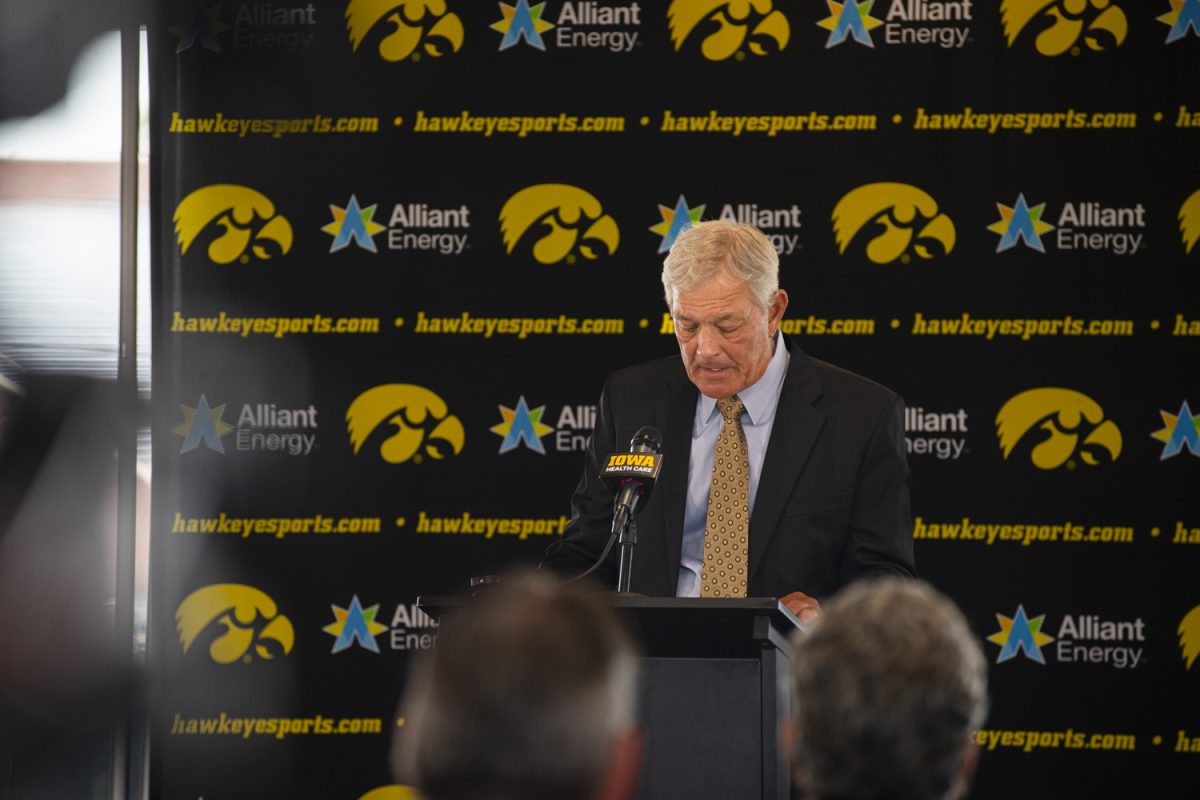Iowa football head coach Kirk Ferentz answers questions during a press conference held in Kinnick Stadium on Friday, August 9, 2025. Ferentz is going into his 27th year as the head football coach at the University of Iowa with a 204-124 record, making him second all-time in wins among Big Ten coaches.